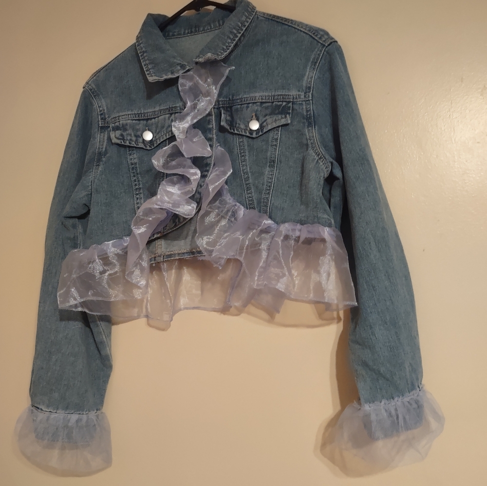 Denim Jacket with Sheer Ruffle Accents - Picture 3 of 4